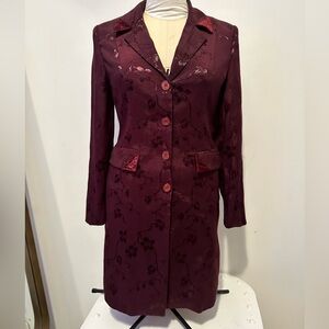 Gorgeous Dark Academia Plum Floral Jacquard Satin Boho Steampunk Coat Jacket S M